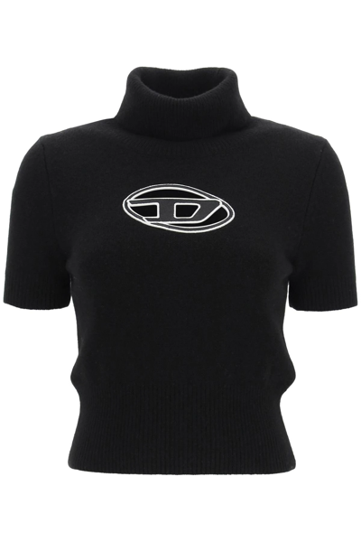 Shop Diesel Short-sleeved Turtleneck Sweater With Cut-out Logo In Black