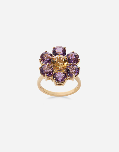 Shop Dolce & Gabbana Spring Ring In Yellow 18kt Gold With Amethyst Floral Motif