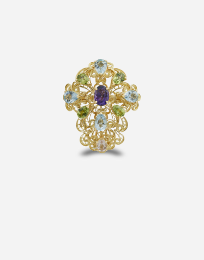 Shop Dolce & Gabbana Pizzo Ring In Yellow Gold Filgree With Amethyst, Aquamarines, Peridots And Morganite
