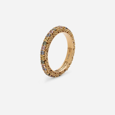 Shop Dolce & Gabbana Heritage Band Ring In Yellow 18kt Gold With Multicoloured Sapphires