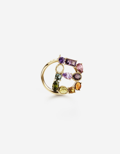 Shop Dolce & Gabbana Rainbow Alphabet B Ring In Yellow Gold With Multicolor Fine Gems