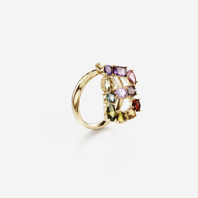 Shop Dolce & Gabbana Rainbow Alphabet B Ring In Yellow Gold With Multicolor Fine Gems