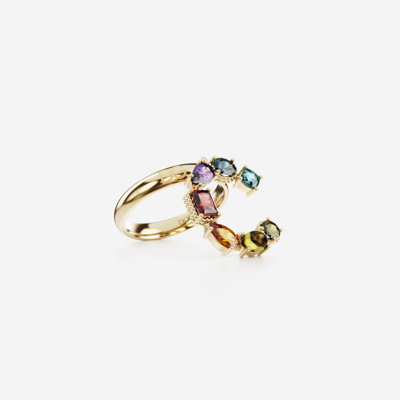 Shop Dolce & Gabbana Rainbow Alphabet C Ring In Yellow Gold With Multicolor Fine Gems