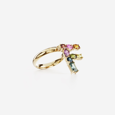 Shop Dolce & Gabbana Rainbow Alphabet F Ring In Yellow Gold With Multicolor Fine Gems