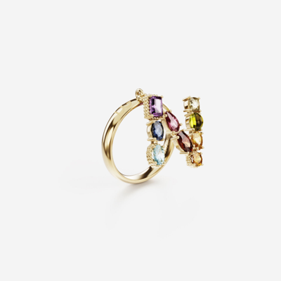 Shop Dolce & Gabbana Rainbow Alphabet N Ring In Yellow Gold With Multicolor Fine Gems
