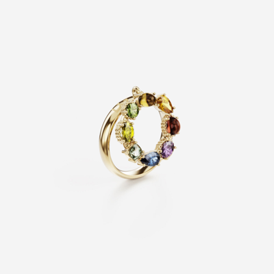 Shop Dolce & Gabbana Rainbow Alphabet O Ring In Yellow Gold With Multicolor Fine Gems
