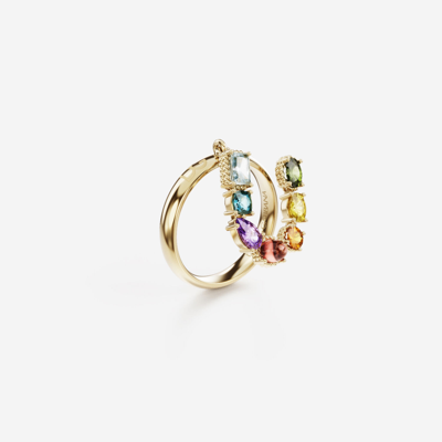 Shop Dolce & Gabbana Rainbow Alphabet U Ring In Yellow Gold With Multicolor Fine Gems