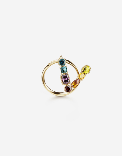 Shop Dolce & Gabbana Rainbow Alphabet V Ring In Yellow Gold With Multicolor Fine Gems
