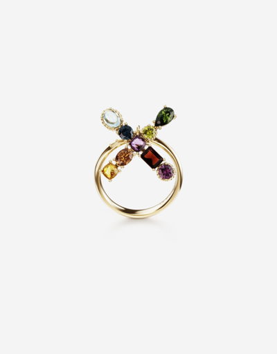 Shop Dolce & Gabbana Rainbow Alphabet X Ring In Yellow Gold With Multicolor Fine Gems