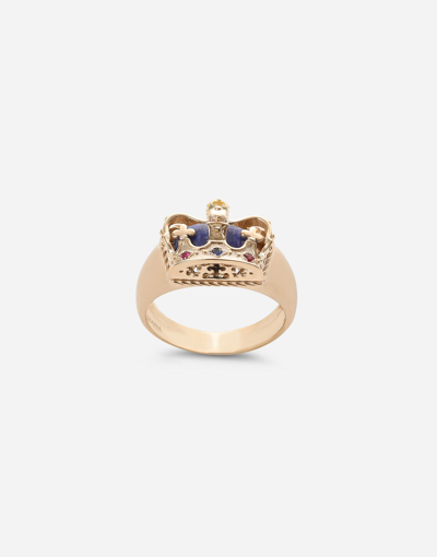 Shop Dolce & Gabbana Crown Yellow Gold Ring With Lapislazzuli On The Inside