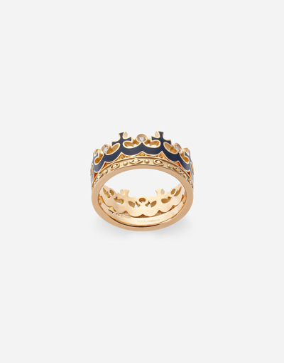 Shop Dolce & Gabbana Crown Yellow Gold Ring With Blue Enamel Crown And Diamonds