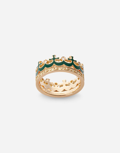 Shop Dolce & Gabbana Crown Yellow Gold Ring With Green Enamel Crown And Diamonds