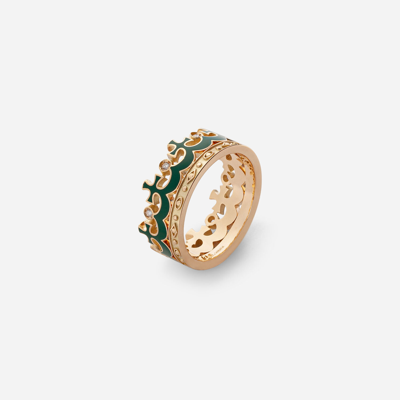 Shop Dolce & Gabbana Crown Yellow Gold Ring With Green Enamel Crown And Diamonds