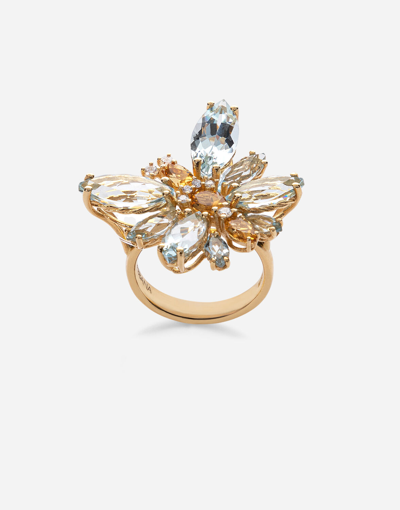 Shop Dolce & Gabbana Spring Ring In Yellow 18kt Gold With Aquamarine Butterfly