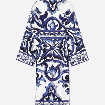 Dolce & Gabbana Multicolor Kimono Bathrobe With All-over Blu Mediterraneo Print In Cotton In Multicolor
