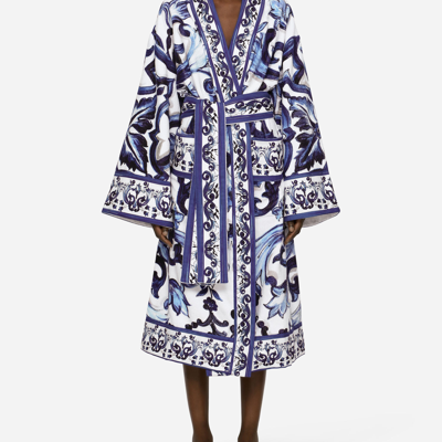 Dolce & Gabbana Multicolor Kimono Bathrobe With All-over Blu Mediterraneo Print In Cotton In Multicolor