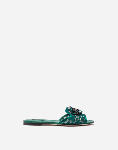 Shop Dolce & Gabbana Slippers In Lace With Crystals In Green
