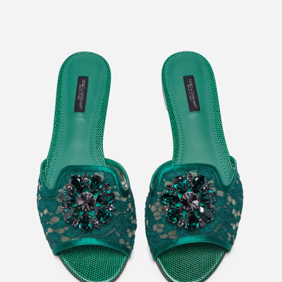 Dolce & Gabbana Lace Flat Sandals Crystal Embellishments In Green