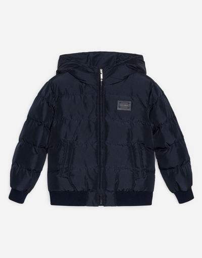 Shop Dolce & Gabbana Nylon Down Jacket With Hood And Plate In Blue
