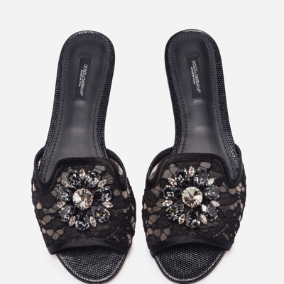 Shop Dolce & Gabbana Slippers In Lace With Crystals In Black