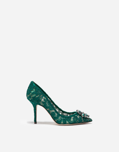 Shop Dolce & Gabbana Lace Rainbow Pumps With Brooch Detailing In Green