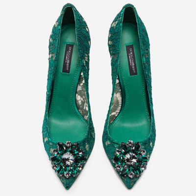 Shop Dolce & Gabbana Lace Rainbow Pumps With Brooch Detailing In Green