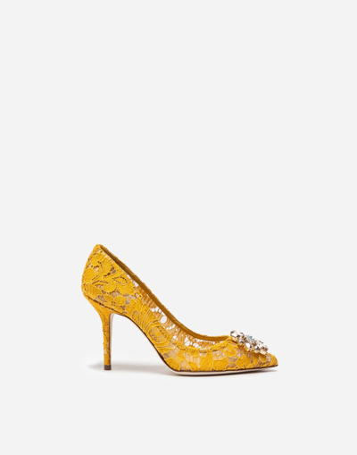 Shop Dolce & Gabbana Lace Rainbow Pumps With Brooch Detailing In Yellow