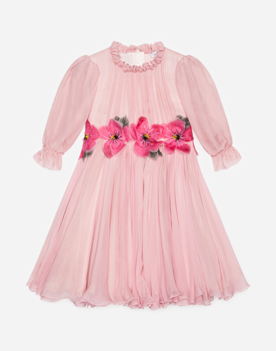 Shop Dolce & Gabbana Chiffon Dress With Embroidered Flowers In Pink