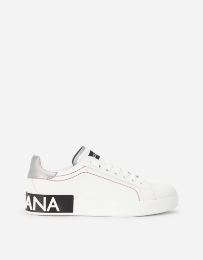 Dolce & Gabbana Women Portofino White Leather Sneakers With Logo In White/silver