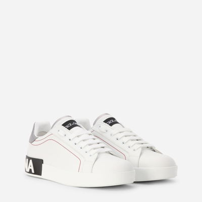 Dolce & Gabbana Women Portofino White Leather Sneakers With Logo In White/silver