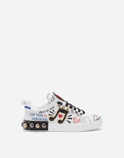 Shop Dolce & Gabbana Printed Calfskin Nappa Portofino Sneakers With Patch And Embroidery In White