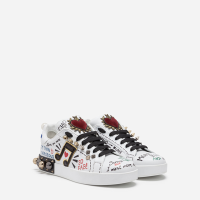 Shop Dolce & Gabbana Printed Calfskin Nappa Portofino Sneakers With Patch And Embroidery In White