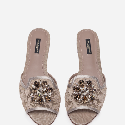 Shop Dolce & Gabbana Slippers In Lace With Crystals In Sand