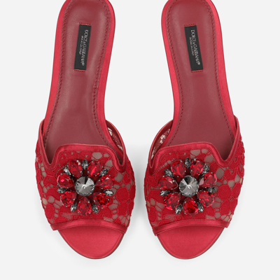 Shop Dolce & Gabbana Lace Slippers With Crystals In Red