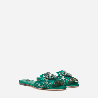 Shop Dolce & Gabbana Lace Slippers With Crystals In Green