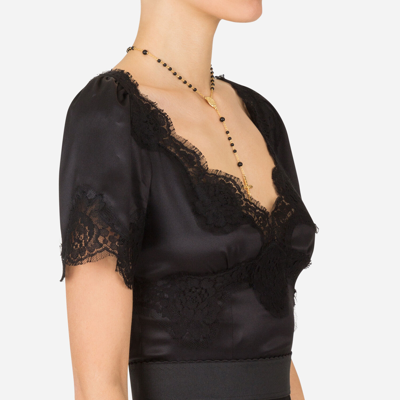 Shop Dolce & Gabbana Satin Top With Lace Details In Black