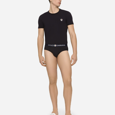 Dolce & Gabbana Crown And Laurel Patch Crewneck T-shirt In Blue