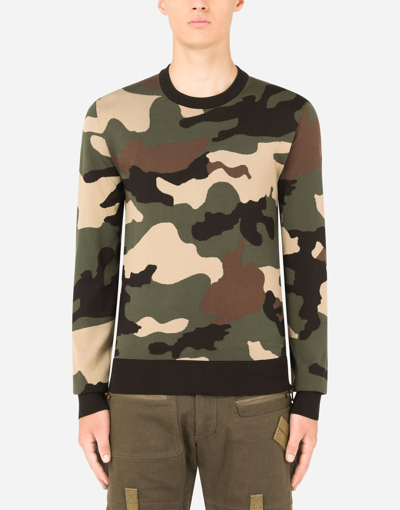 Shop Dolce & Gabbana Silk Round-neck Sweater With Camouflage Intarsia In Multicolor