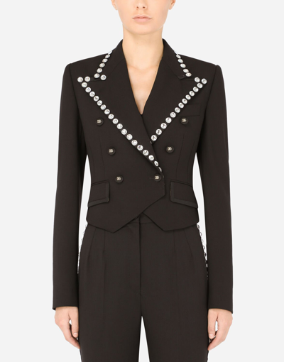 Dolce & Gabbana Wool Spencer-fit Jacket With Crystal Piping In Black