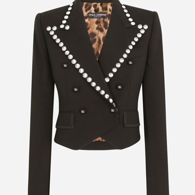 Dolce & Gabbana Wool Spencer-fit Jacket With Crystal Piping In Black