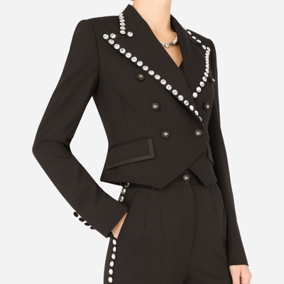 Dolce & Gabbana Wool Spencer-fit Jacket With Crystal Piping In Black