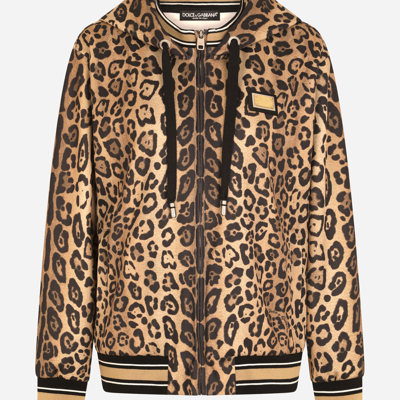 Dolce & Gabbana Zip-up Jersey Hoodie With Leopard Print In Multicolor