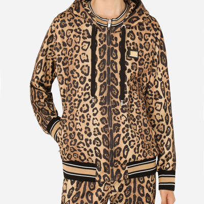 Dolce & Gabbana Zip-up Jersey Hoodie With Leopard Print In Multicolor