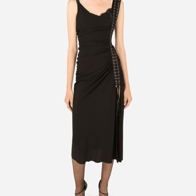 Dolce & Gabbana Sable Calf-length Dress With Laces And Eyelets In Black