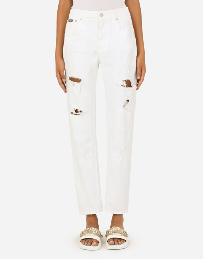 Dolce & Gabbana White Cotton Boyfriend Jeans In White