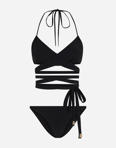 Shop Dolce & Gabbana Bikini With Wraparound Lace Ties In Black
