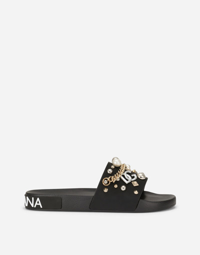 Dolce & Gabbana Rubber Beachwear Sliders With Embroidery In Black | ModeSens