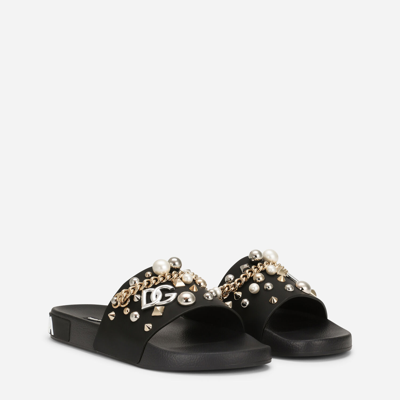Shop Dolce & Gabbana Rubber Beachwear Sliders With Embroidery In Black