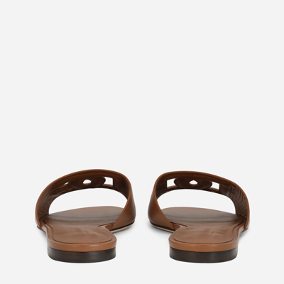 Shop Dolce & Gabbana Calfskin Sliders With Dg Millennials Logo In Brown