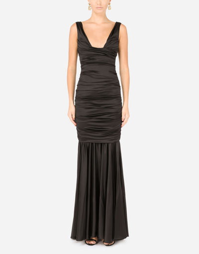 Dolce & Gabbana Long Satin Dress With Draping In Black